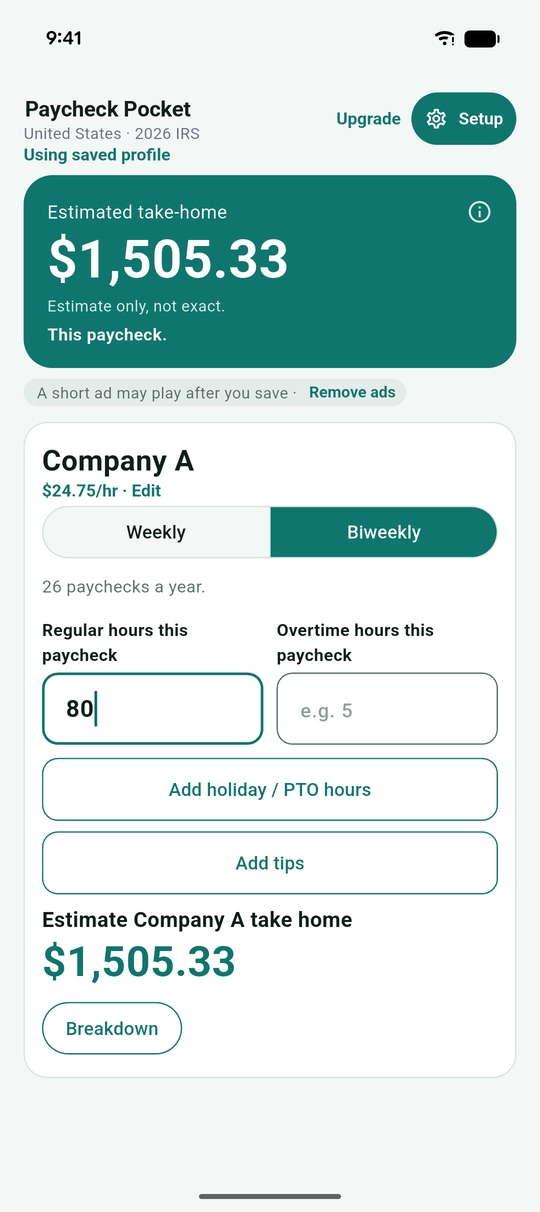 Paycheck Pocket home: Company A, weekly, estimated take-home $1,505.33