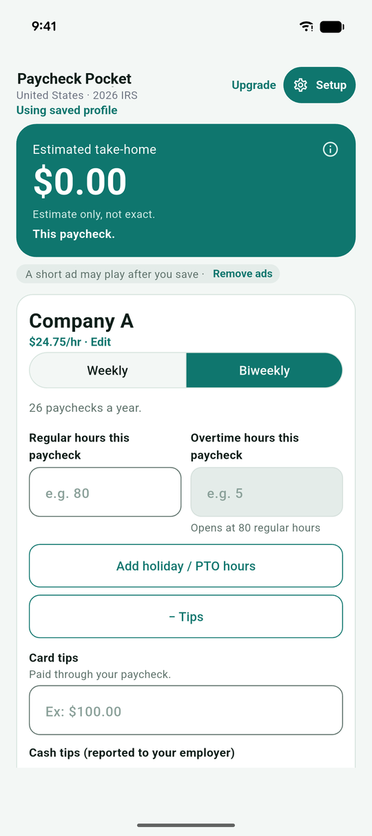 Company A paycheck with card tips and cash tips fields